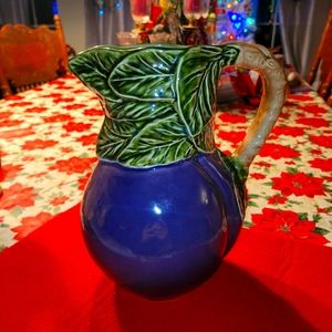 Beautiful OLFAIRE Majolica Purple & Green EGGPLANT PITCHER 9.5” Made in Portugal